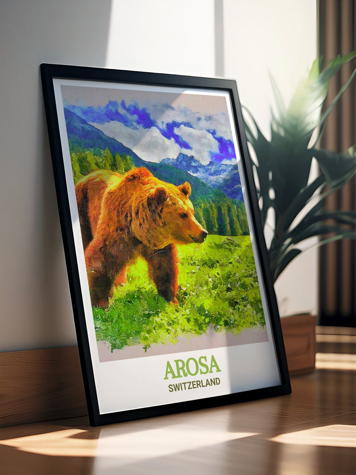 Switzerland Wall Decor bringing the beauty and tranquility of the Swiss Alps into your home, featuring landmarks like Arosa and the Arosa Bear Sanctuary. The artwork is perfect for those who love the mountains and want to create a peaceful yet inspiring environment