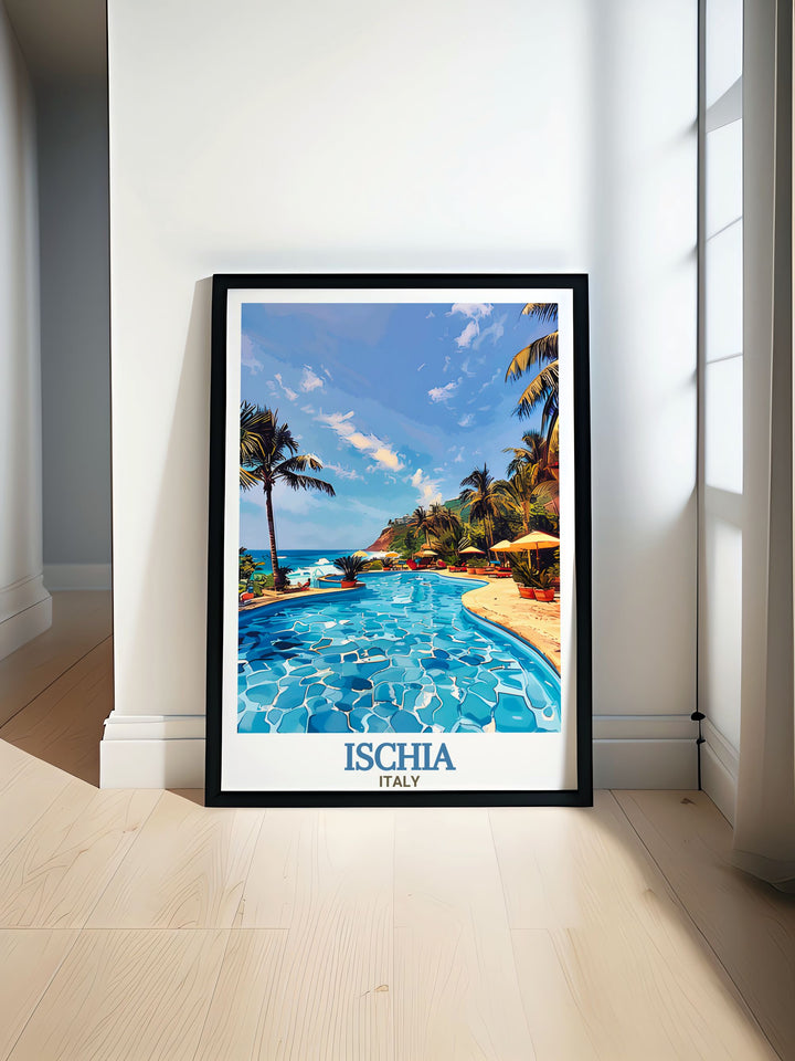 Bring the tranquility of Negombo Thermal Park in Ischia, Italy, into your home with this detailed travel print. The fine line art and colorful palette make it a perfect piece for nature enthusiasts and a thoughtful gift for birthdays or holidays.