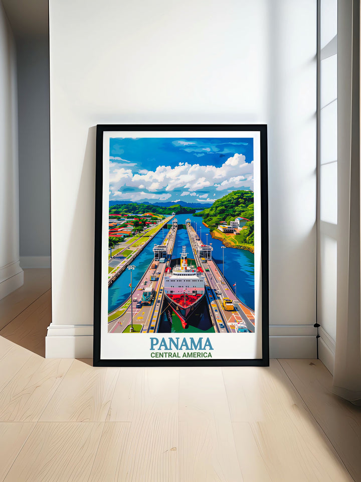 Panama Travel Poster highlighting the importance of the Panama Canal and the tranquil coastal scenery of Central America. This framed art makes for a unique gift or a beautiful piece of wall decor for lovers of both history and beach vacations.