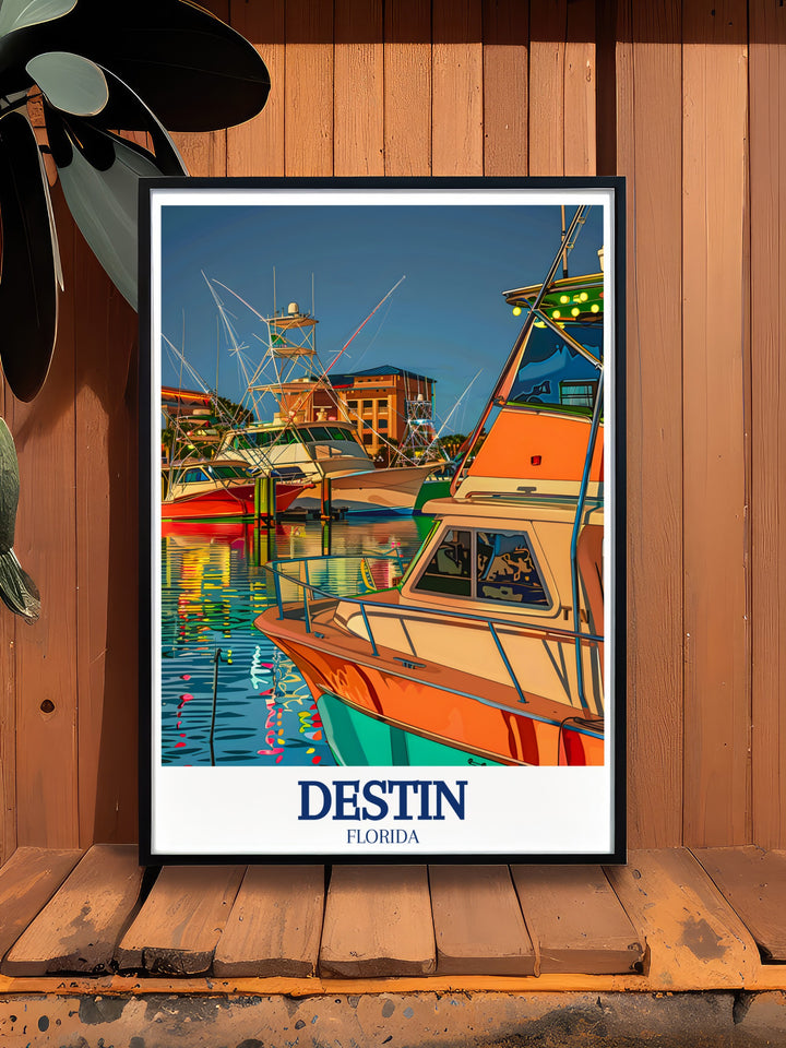 Destin Travel Poster features the scenic views of HarborWalk Marina and the iconic fishing fleet of Destin. This canvas art is perfect for anyone who loves the sea and wants to bring a coastal vibe into their home, celebrating Floridas nautical heritage.