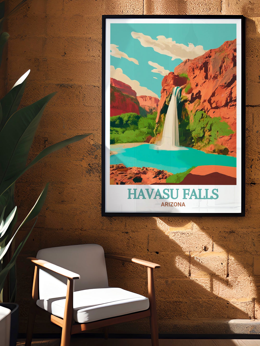 This Arizona wall art showcases the majestic Havasu Falls, where vibrant waters meet the desert landscape. The detailed illustration emphasizes the unique beauty of one of Arizonas most iconic natural wonders, making it an ideal piece for anyone looking to celebrate the American Southwest.