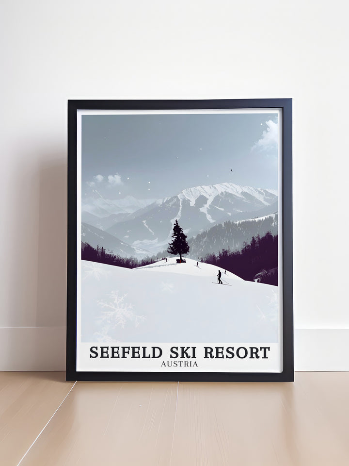 Snowboarding and skiing fans will love this Seefeld Ski Print depicting the Austrian Alps Region Seefeld. Featuring the Gschwandtkopf and Rosshutte slopes this stunning art piece captures the excitement of Tyrol Austrias winter wonderland for any room in your home.