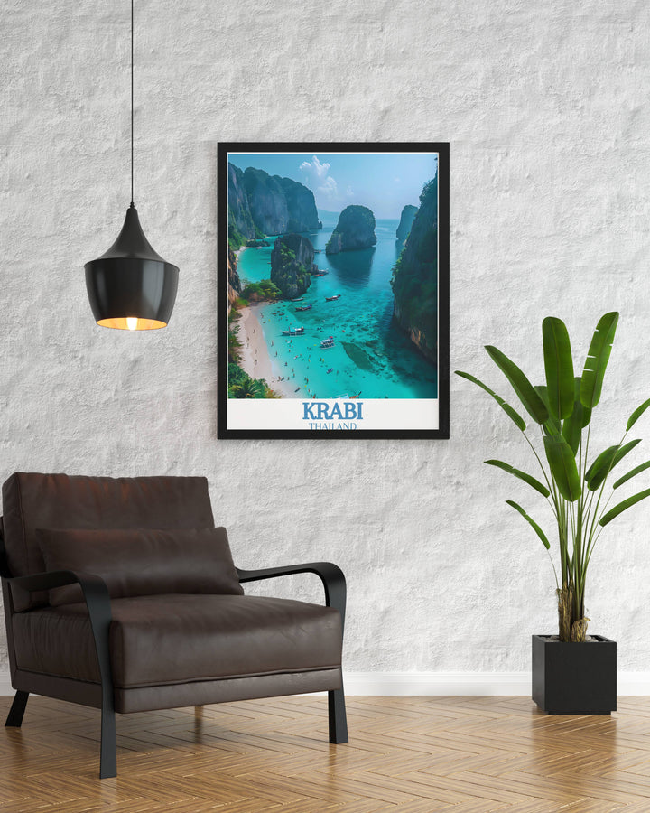Celebrate the natural splendor of Krabi Island and Railay Beach with this captivating wall art print showcasing lush greenery and crystal clear waters perfect for enhancing your home decor or as a thoughtful Thailand travel gift.
