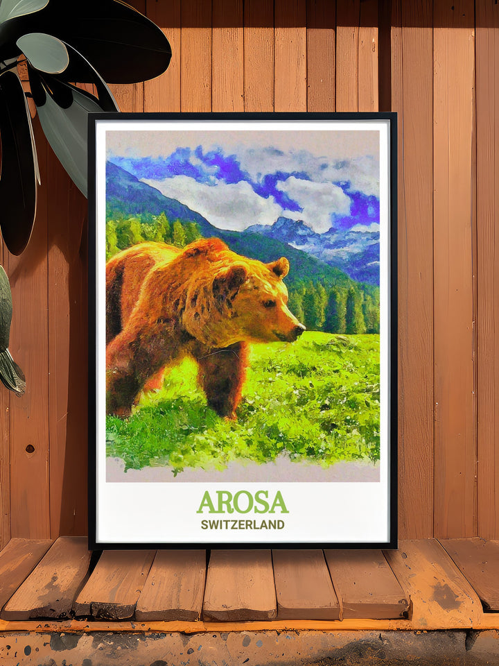 Arosa Travel Poster focusing on the unique blend of winter sports, natural beauty, and wildlife conservation in Arosa, Switzerland. This custom print captures the essence of the Alps, making it a standout addition to any travel themed wall decor