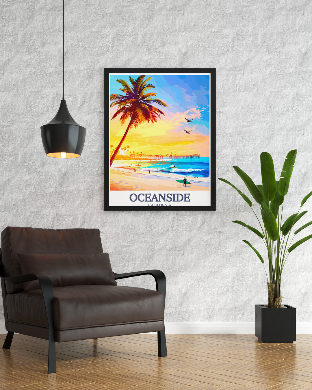 Beautiful illustration of Oceanside Beach and Oceanside Pier bringing the tranquility of the California coast to your home a perfect addition to any art collection or as a thoughtful gift