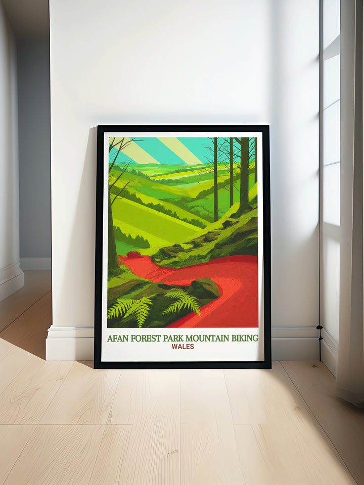 Whites Level wall poster celebrating the MTB culture of South Wales Afan Forest Park. The artwork beautifully captures the thrill of mountain biking and the serenity of the forest, ideal for any cycling fan.