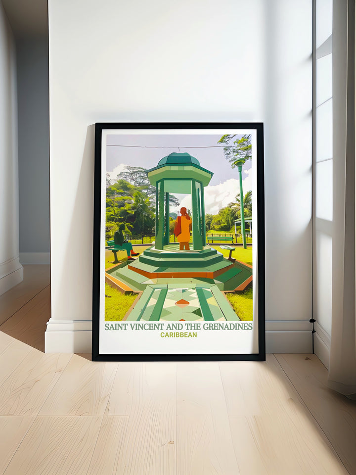 A detailed art print of the Caribbean coastline, as seen from the Botanic Gardens in Saint Vincent. This piece is perfect for adding a touch of tropical beauty to any room, celebrating the stunning scenery of the Caribbean.