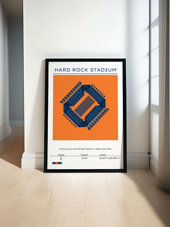 Vintage poster featuring Miami Dolphins and Miami Hurricanes at Hard Rock Stadium perfect for personalized gifts and travel poster prints celebrating Florida football