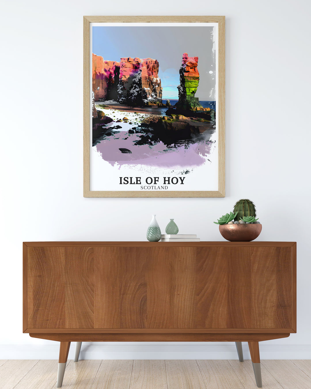 The Isle of Hoy travel poster showcases the dramatic Old Man of Hoy, a sea stack that towers over the Atlantic Ocean. Perfect for nature enthusiasts and fans of Scotlands rugged coastlines, this wall art captures the awe inspiring beauty of one of Scotlands most famous natural landmarks.