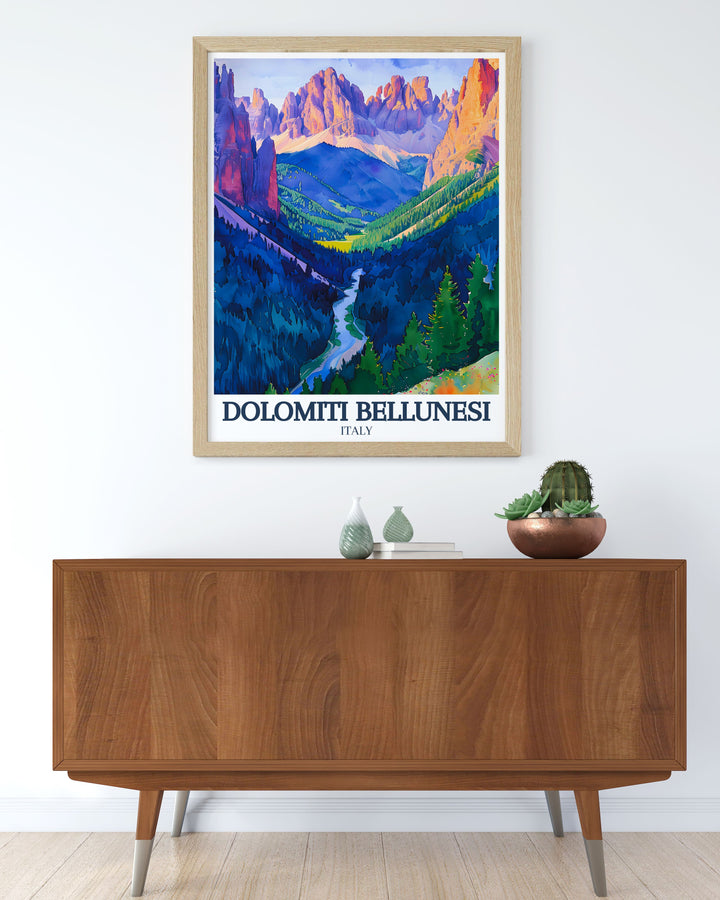 Vintage travel print of the Dolomite range capturing the rugged beauty of the Italian mountains ideal for adding a touch of nostalgia and elegance to your space.