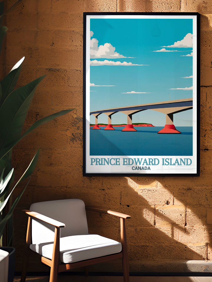 Beautiful sunsets landscape at Confederation Bridge captured in modern art prints perfect for adding elegance and tranquility to your home these prints showcase the natural beauty and engineering brilliance of this Canadian landmark.