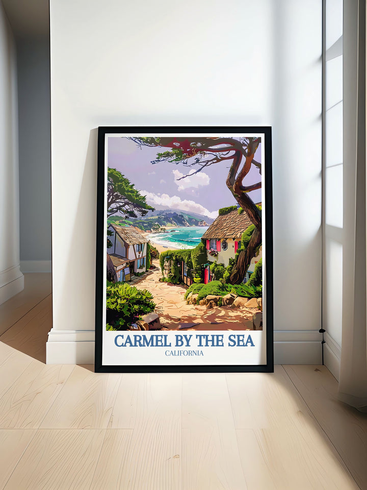 Experience the beauty of Carmel Beach with this detailed travel poster, featuring the pristine shoreline and gentle waves. Perfect for beach lovers and those who cherish coastal views, this artwork adds a touch of scenic beauty to any room.