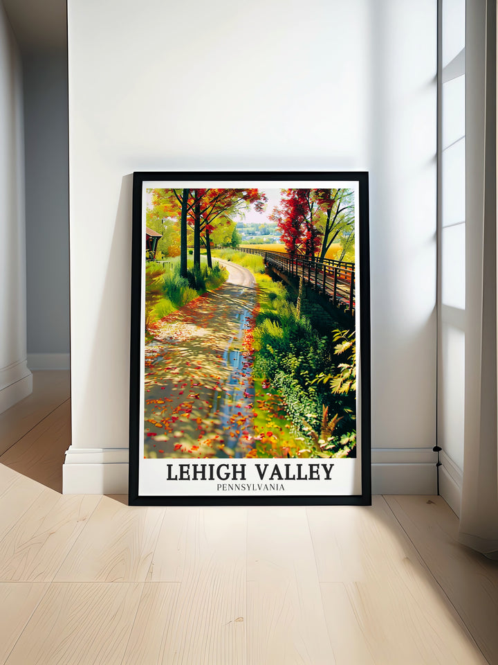 Lehigh Valley travel poster highlighting the regions natural beauty and cultural charm, offering a beautiful visual of Pennsylvanias stunning outdoors. This print is ideal for anyone looking to add a touch of the states landscapes to their home decor or as a personalized travel gift.