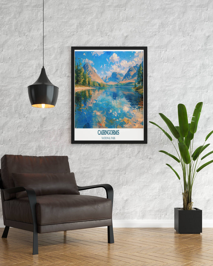Scotland Print featuring the iconic Cairngorms and Loch Morlich. This national park print is a perfect addition to any art collection, showcasing the natural beauty of the Highlands.