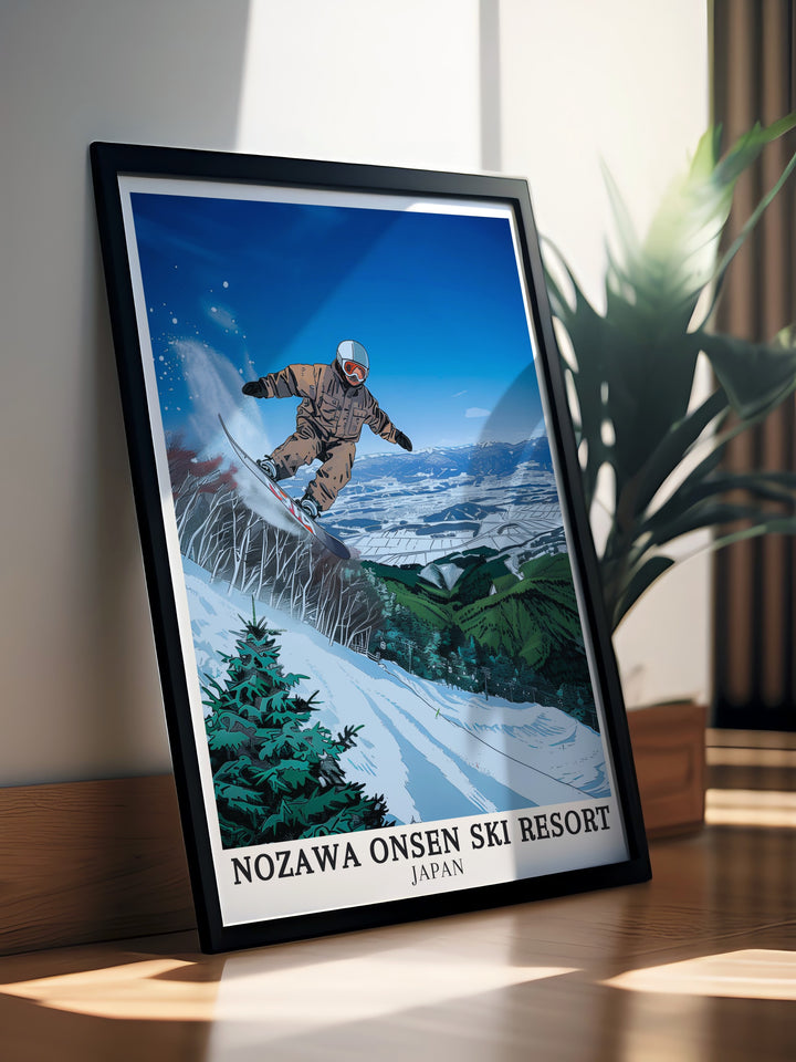 Nozawa Onsen Ski Resort Poster Print features the scenic Yamabiko area, showcasing vast snow covered slopes and panoramic views of the Japanese Alps. Perfect for winter sports enthusiasts and lovers of Japanese culture.