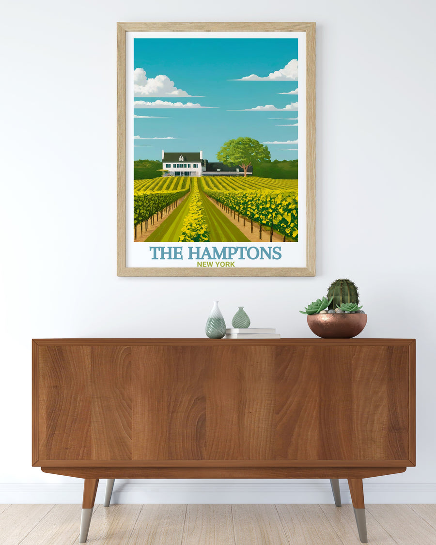 Featuring a stunning view of Montauk Point Lighthouse and The Hamptons, this New York travel poster blends vintage design with modern coastal charm. The art prints soft colors and detailed map make it perfect for adding a touch of coastal beauty to any room.