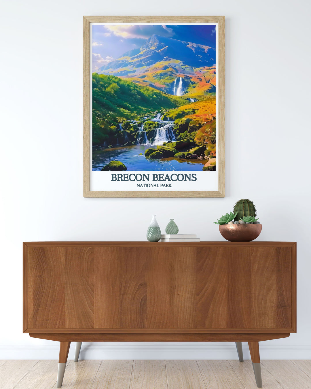 National Park print of Brecon Beacons showcasing the iconic peaks of Pen Y Fan and Corn Du. This vintage travel poster is perfect for adding a touch of Welsh charm to your walls with its beautiful representation of nature