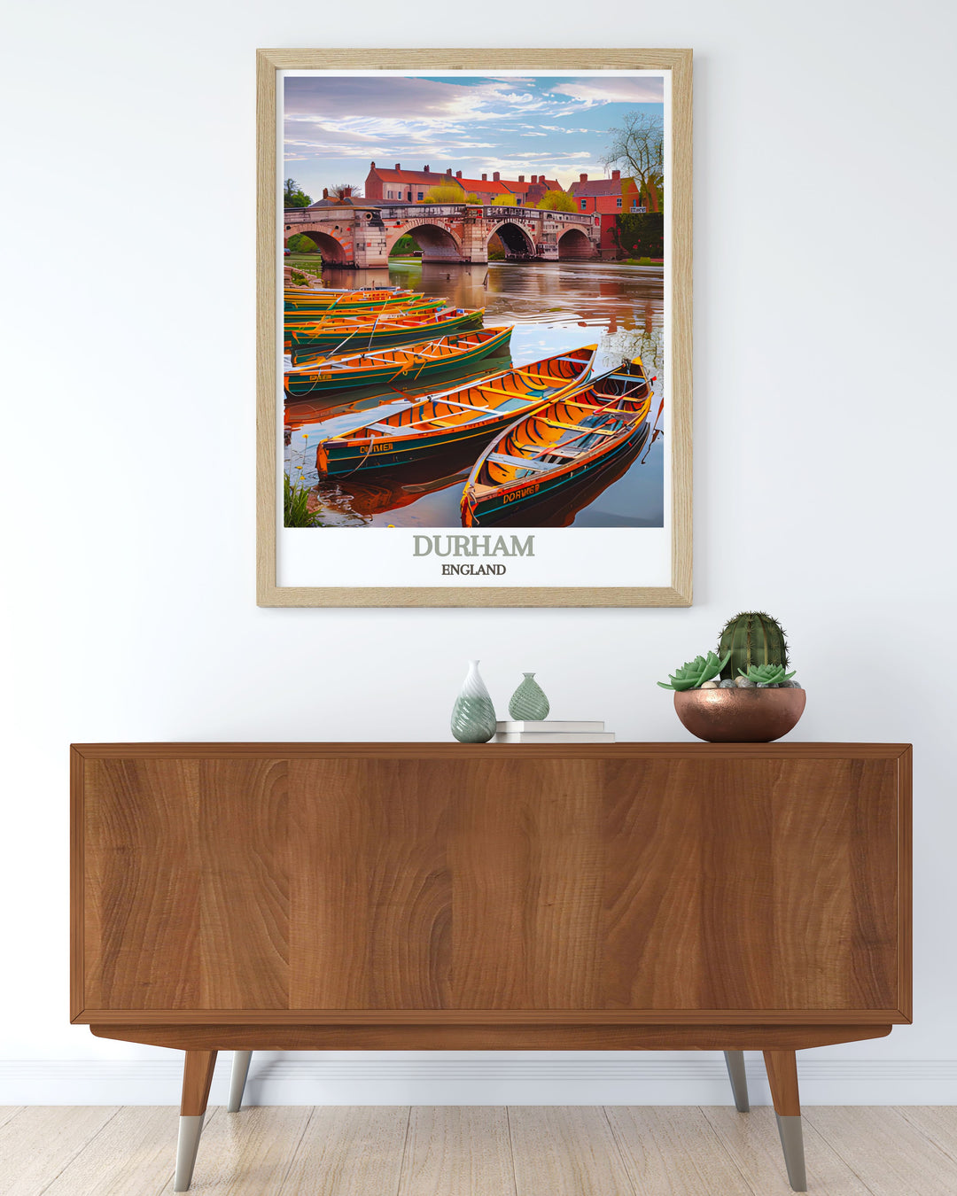 The tranquil beauty of the River Wear and its surrounding greenery are beautifully illustrated in this travel poster, capturing the essence of a peaceful English riverside.