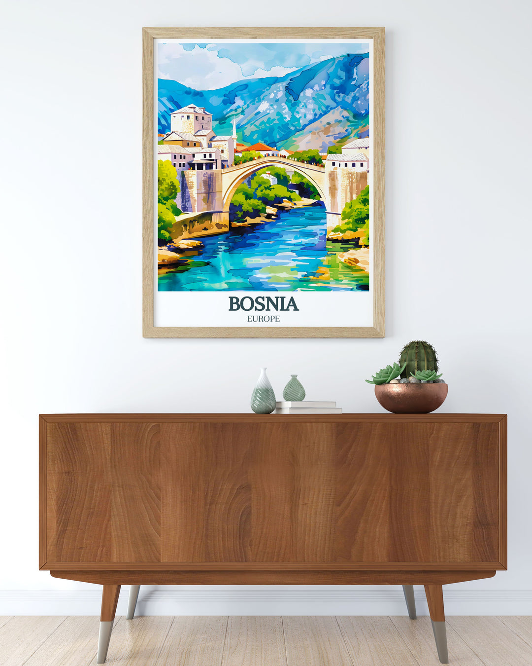 Mostar, Stari Most bridge in a stunning Bosnia Poster Print. This travel inspired artwork brings the vibrant atmosphere of Mostar to life, making it a perfect piece for those who love cultural landmarks and historic sites