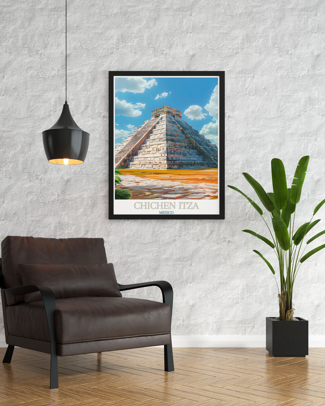 Capture the essence of Mexico with this stunning wall art print, featuring the intricate design and monumental scale of El Castillo. The majestic Chichen Itza is beautifully illustrated in this travel poster, ideal for enhancing any room with historical charm.