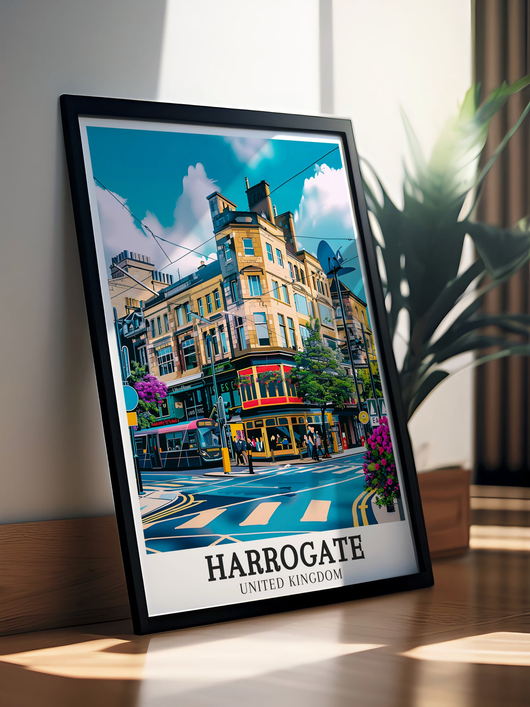 Yorkshire Travel Poster showcasing the iconic Harrogate City Centre and Montpellier District. Ideal for those looking to add Yorkshire inspired decor to their homes. A thoughtful and elegant piece for any room.