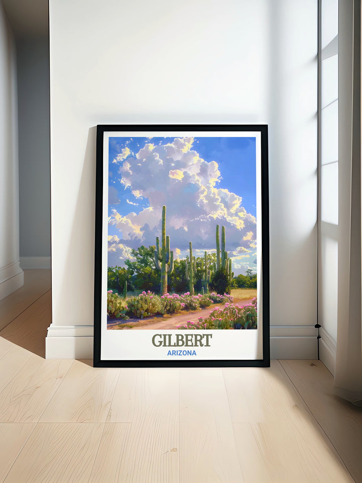 This Arizona poster showcases the Riparian Preserve at Water Ranch, a beloved nature spot in Gilbert. The travel print is a perfect reminder of Arizonas natural beauty and makes a thoughtful gift for friends and family.