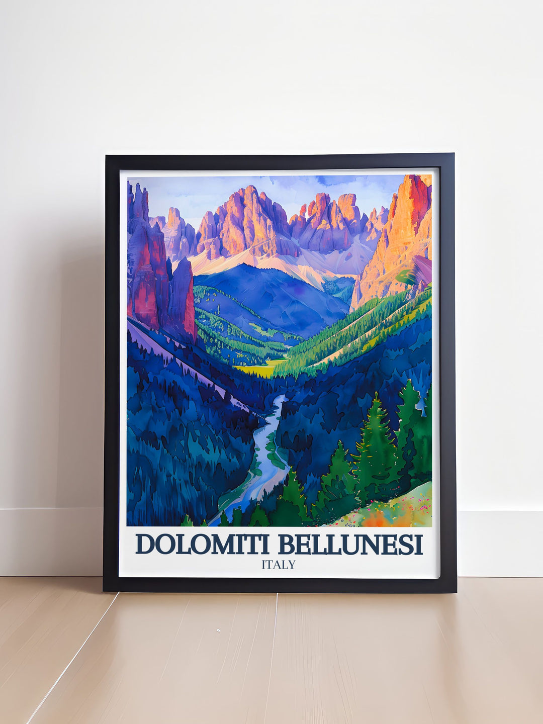 Dolomite range wall art print featuring the serene and picturesque views of the Dolomiti Bellunesi perfect for creating an atmosphere of adventure and tranquility in your living space.