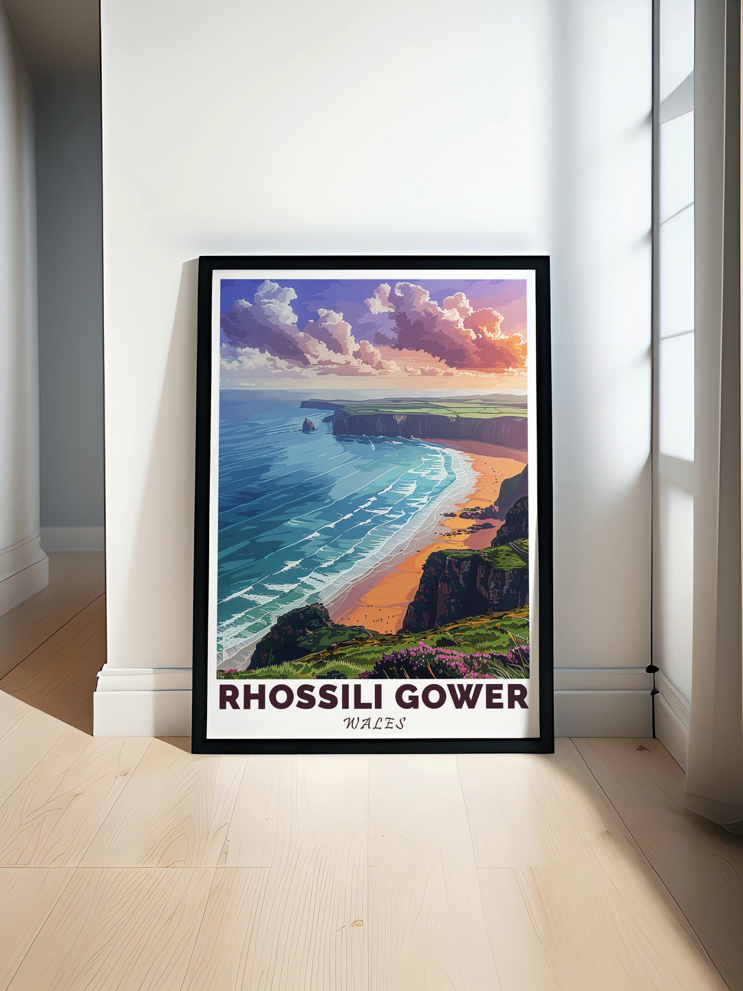 Rhossili Bay art showcasing breathtaking coastal views in a modern print perfect for elegant home decor