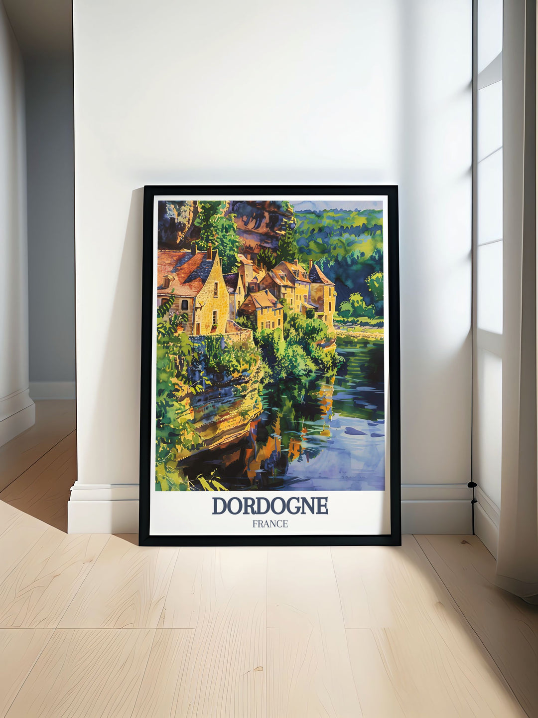 Beautiful digital illustration of Dordogne River and La Roque Gageac capturing the picturesque landscape and charm of this French village ideal for France wall art and home decor