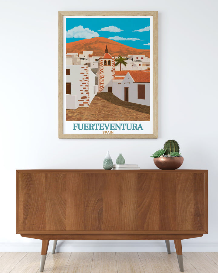 Stunning canvas art of Fuerteventura, focusing on the historic Betancuria region. This travel poster is ideal for those who enjoy Spains natural beauty and vibrant history. Its a perfect addition to any home or office decor.