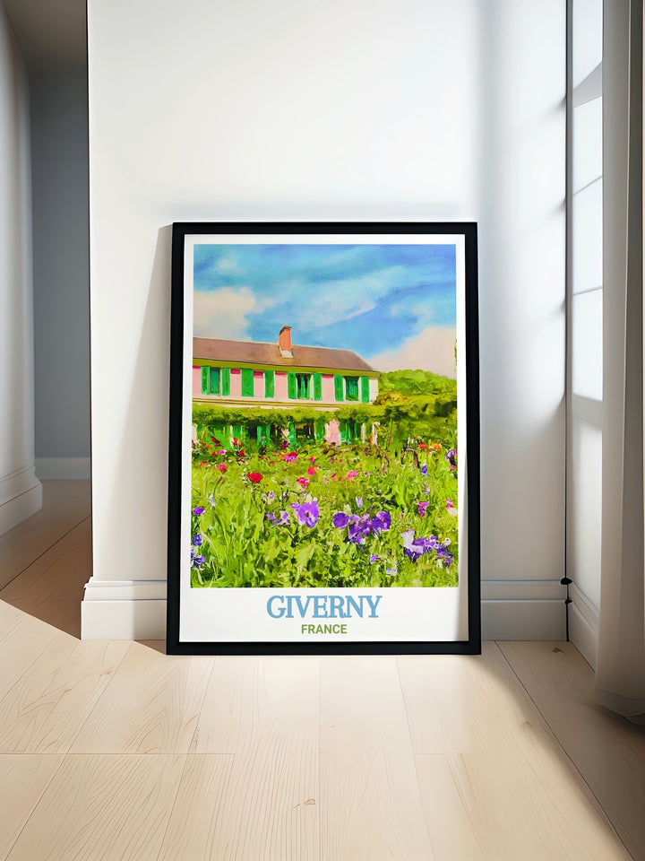 This Giverny poster print beautifully showcases the tranquil gardens of Claude Monets House in France. The travel print highlights the lush greenery and famous water lilies that Monet painted, offering a glimpse into the serene beauty of Giverny.