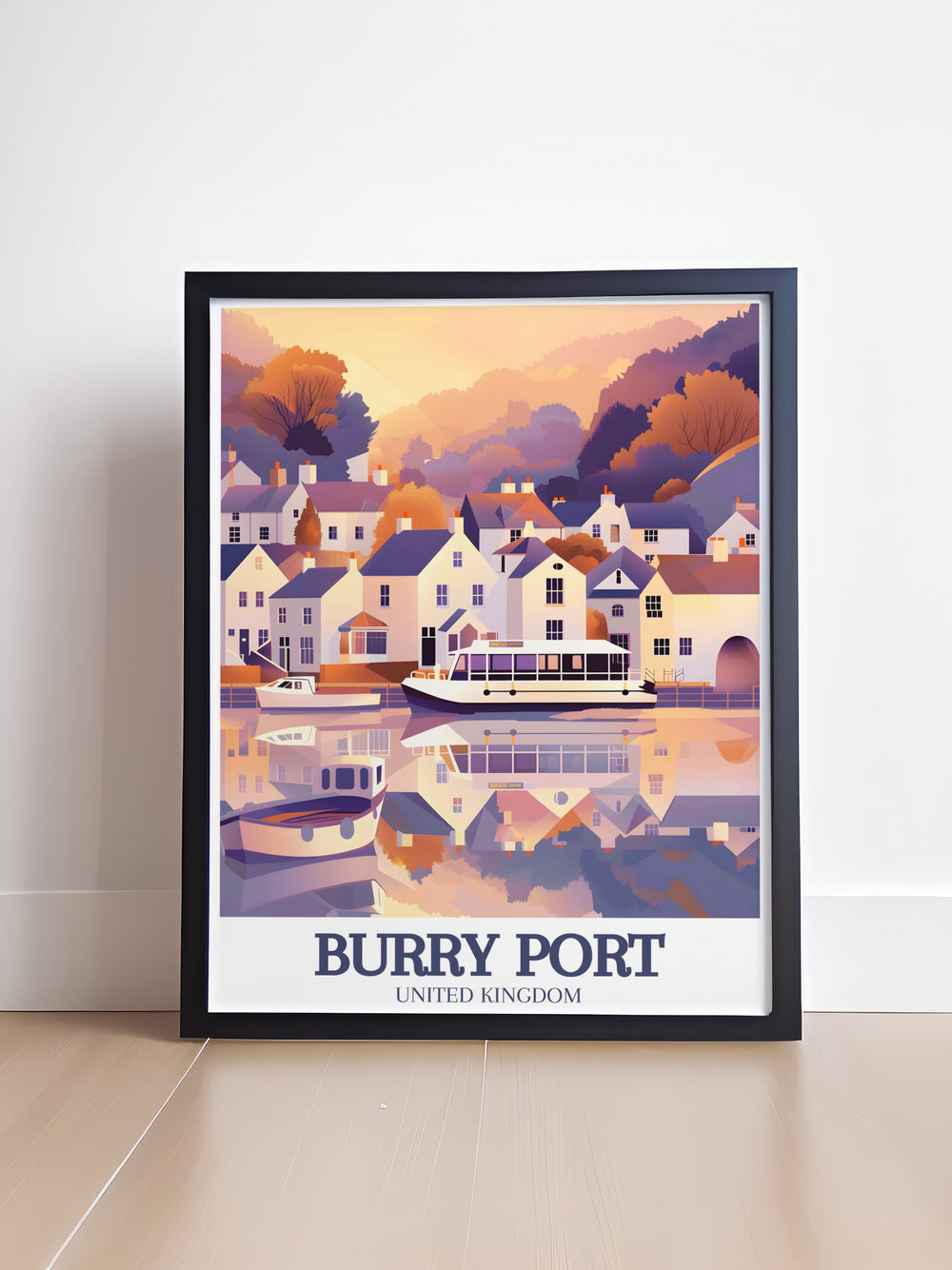 Elegant Llanelli print capturing the essence of Welsh seaside towns ideal for those who love seaside art and sophisticated home decor featuring Laugharne harbor and National Trust Ferry