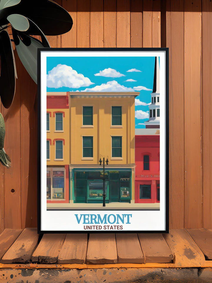 Vermont Framed Print featuring Church Street Marketplace and Burke Mountain in a stylish vintage design. Ideal for anyone who loves Vermonts ski resorts and culture this print is a timeless piece for home decor or office wall art.