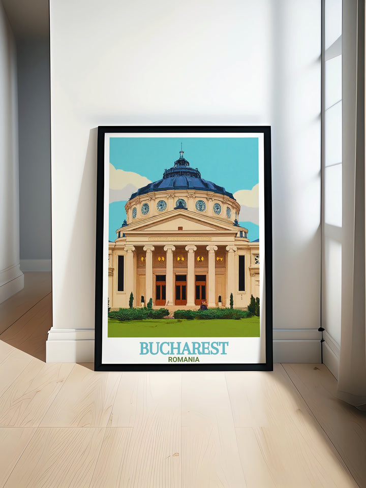 Featuring the iconic Romanian Athenaeum in Bucharest, this framed art piece captures the grandeur of one of Romanias most important cultural buildings. A perfect travel gift or home décor item, this artwork brings the heart of Bucharest into your space.