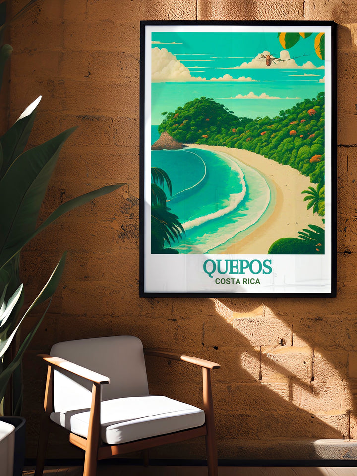 Quepos, with its vibrant streets and close proximity to Manuel Antonio National Park, is depicted in this print. The artwork showcases the towns unique charm and the natural beauty that surrounds it. Perfect for adding a touch of Costa Ricas tropical vibe to your space, this piece celebrates the countrys colorful culture.