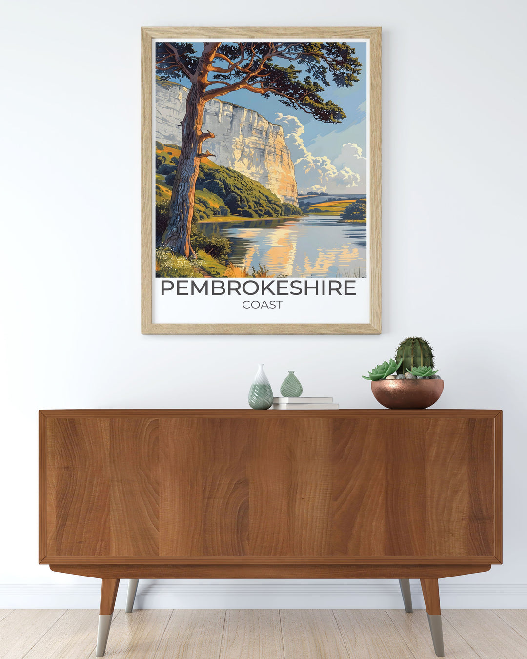 Pembrokeshire Coast travel poster featuring Stackpole Estate in a vintage style capturing the essence of this iconic location with dramatic cliffs and breathtaking views ideal for lovers of nature and vintage travel prints.