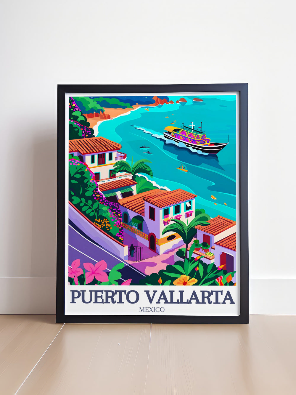 This Puerto Vallarta print showcases the tranquil beach, with detailed Panga boats featured against the soft waves of the Pacific. Perfect for anyone with a love for travel, this black and white fine art piece adds a touch of coastal elegance to home decor.