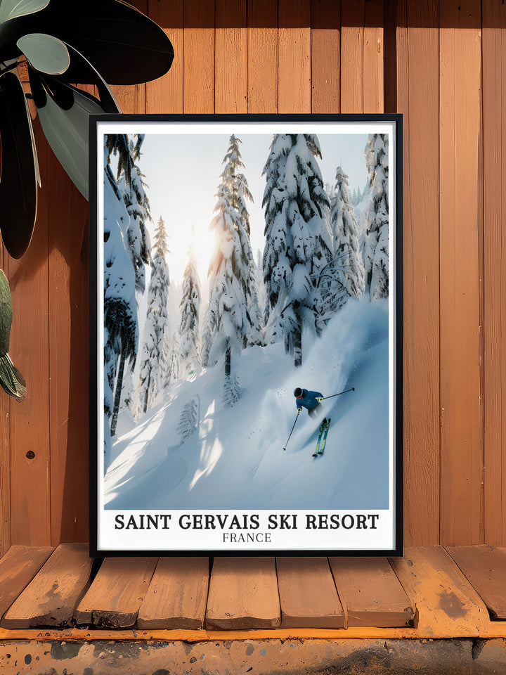 A vintage travel print of Saint Gervais Mountain, capturing the classic charm of the French Alps. This artwork is ideal for adding a touch of nostalgia and elegance to any room, celebrating the beauty of one of Europes most iconic mountains.