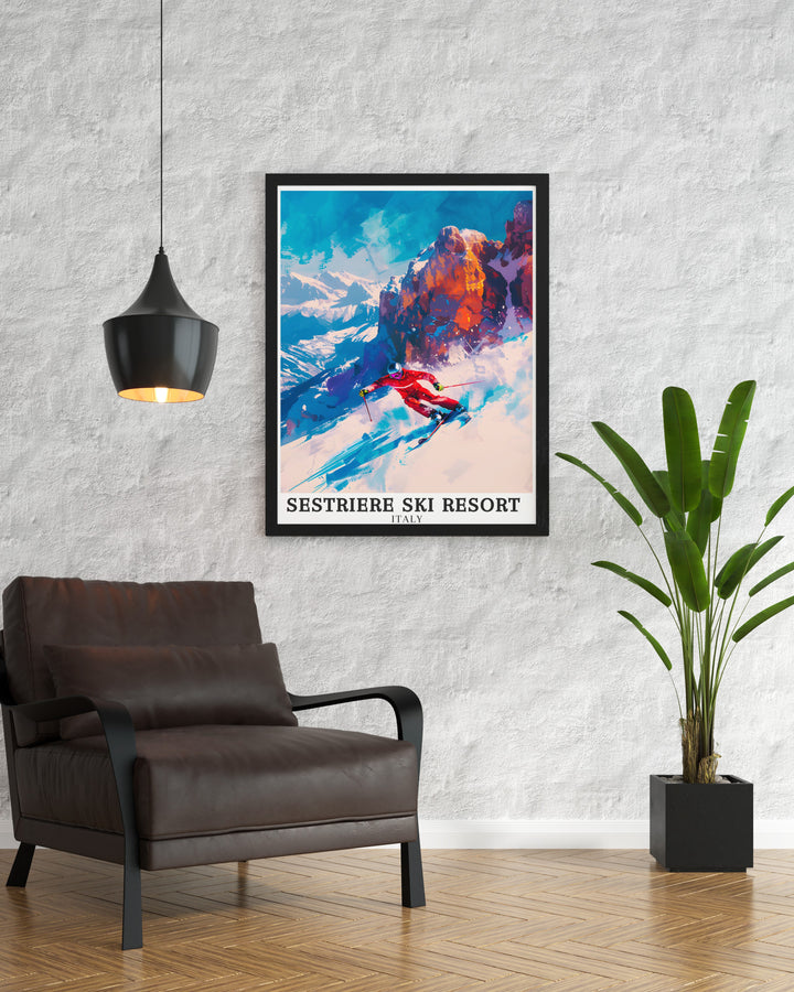 Travel poster of Sestriere Ski Resort in the Italian Alps. Featuring scenic beauty and excitement, this print is ideal for ski enthusiasts and adventure lovers.