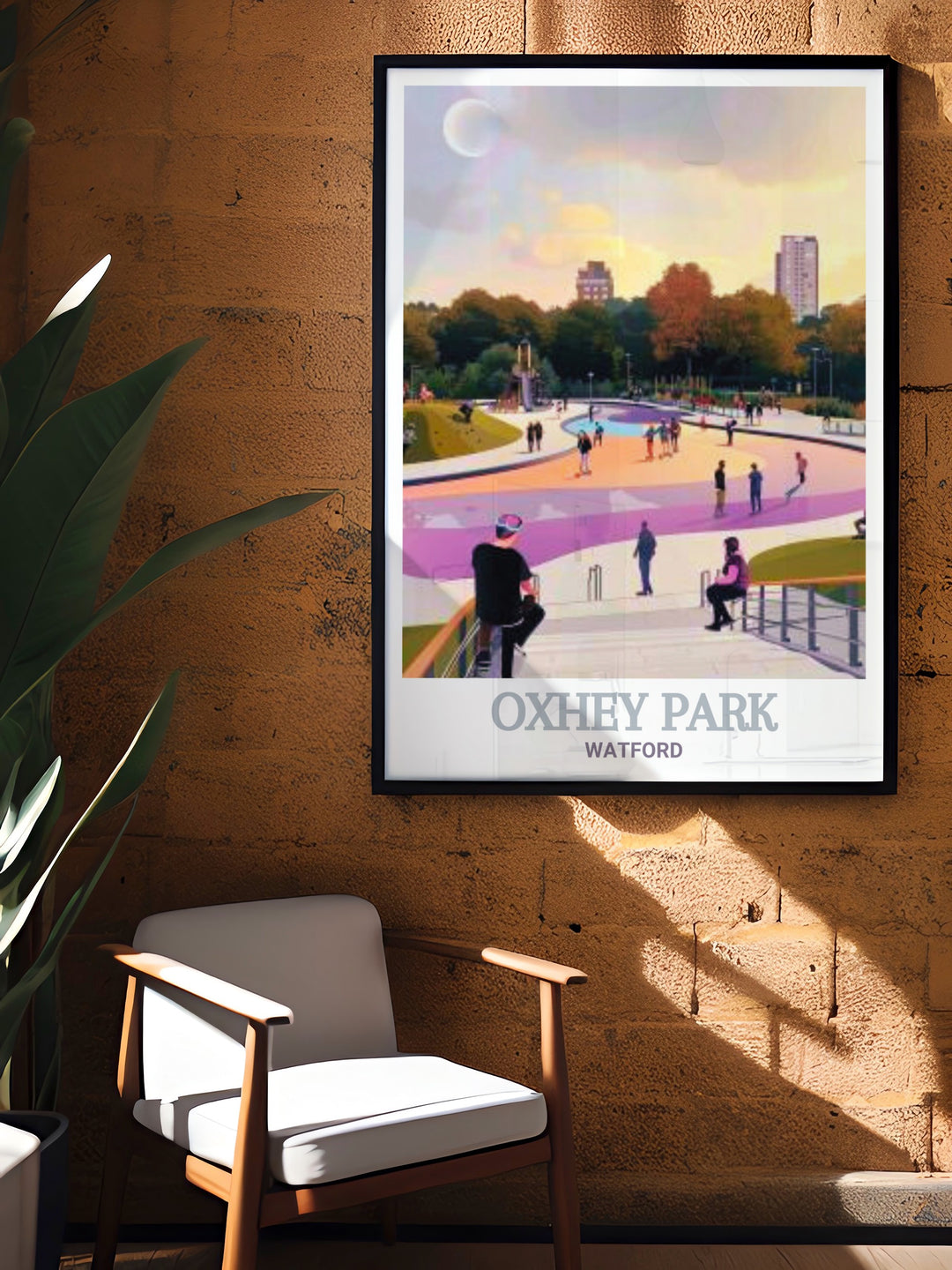 Oxhey Park Skate Park Wall Art captures the vibrant energy of Watfords beloved park with stunning modern prints showcasing the flowing River Colne Oxhey and the surrounding greenery perfect for those who appreciate Hertfordshire landscapes.