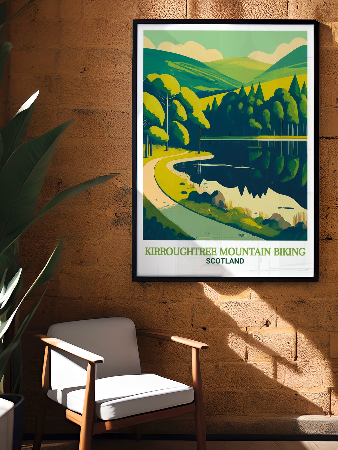 Bruntis Loch and Kirroughtree wall art celebrating the beauty of Galloway Forest Park and its famous mountain biking routes. This travel print is ideal for those who love the outdoors and want to bring a touch of adventure into their home decor.