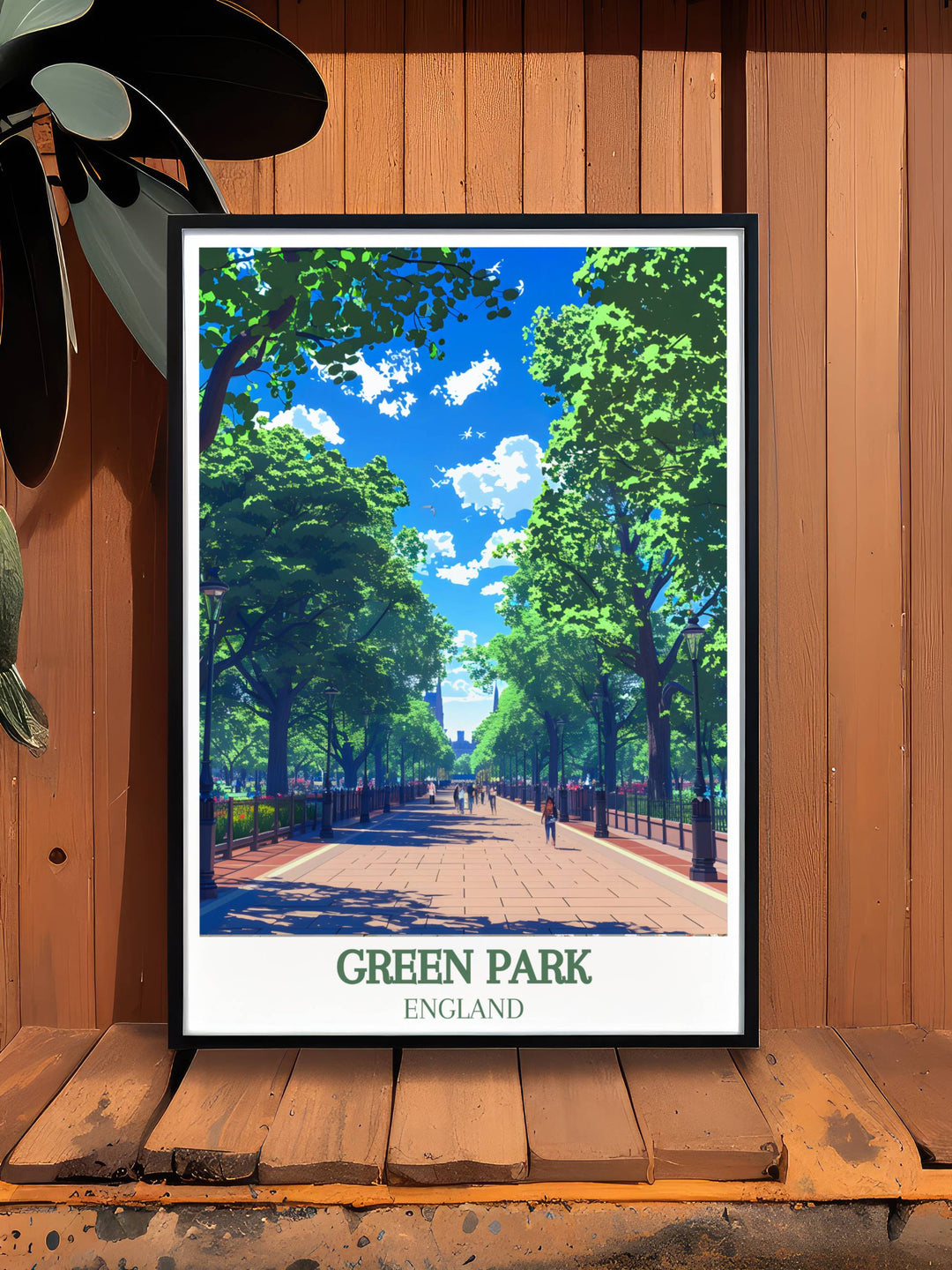 Beautiful London travel poster depicting the scenic Princess of Wales Memorial Walk in Green Park London, ideal for enhancing any living space with a touch of British charm.