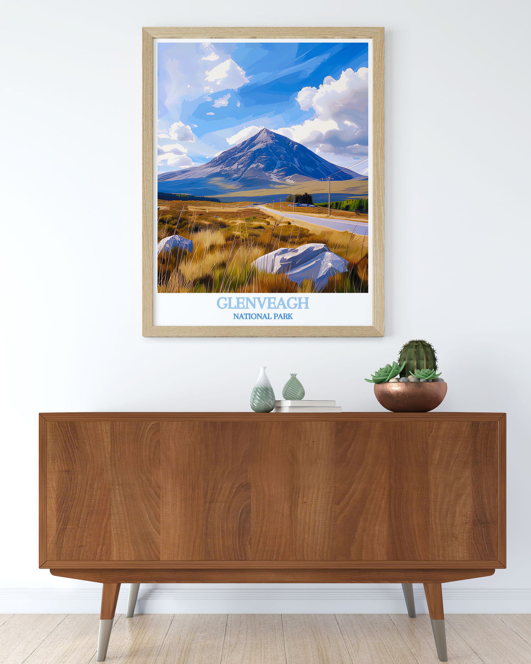 Vintage travel poster of Glenveagh National Park, depicting the iconic Mount Errigal and its tranquil surroundings, perfect for adding a nostalgic touch to your decor.