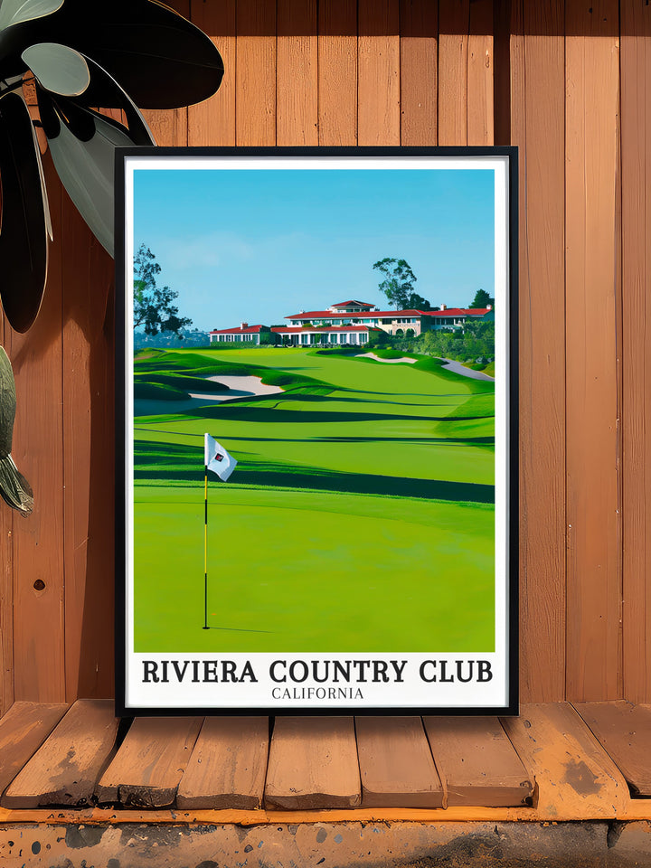 A perfect blend of sport and nature, this Riviera Country Club travel print captures the scenic Pacific Palisades and the iconic club house. The artwork is a timeless tribute to the elegance of golf, making it a great addition to any space.