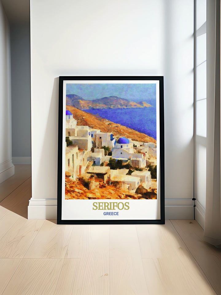 The iconic blue domes and narrow alleys of Chora, Serifos, Greece, are captured in this detailed print. This Greece Wall Decor piece brings the timeless beauty of the Greek islands into your living space, offering a serene and elegant addition to any room.