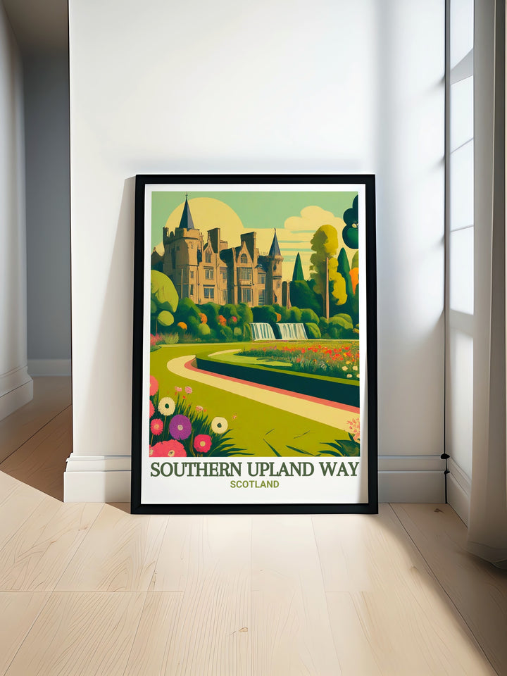 Castle Kennedy Gardens scenic poster featuring the impressive views and natural beauty of this garden along the Southern Upland Way. This print is a thoughtful gift for nature and hiking enthusiasts, capturing the essence of Scotlands most iconic landmarks in vibrant detail.