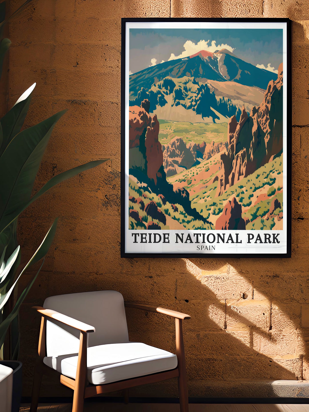 A detailed travel poster print of Teide National Park, featuring the majestic Teide Volcano and the scenic beauty of Siete Cañadas. The artwork captures the rugged volcanic landscape of Spains most famous national park, perfect for adding a touch of adventure to your home decor.