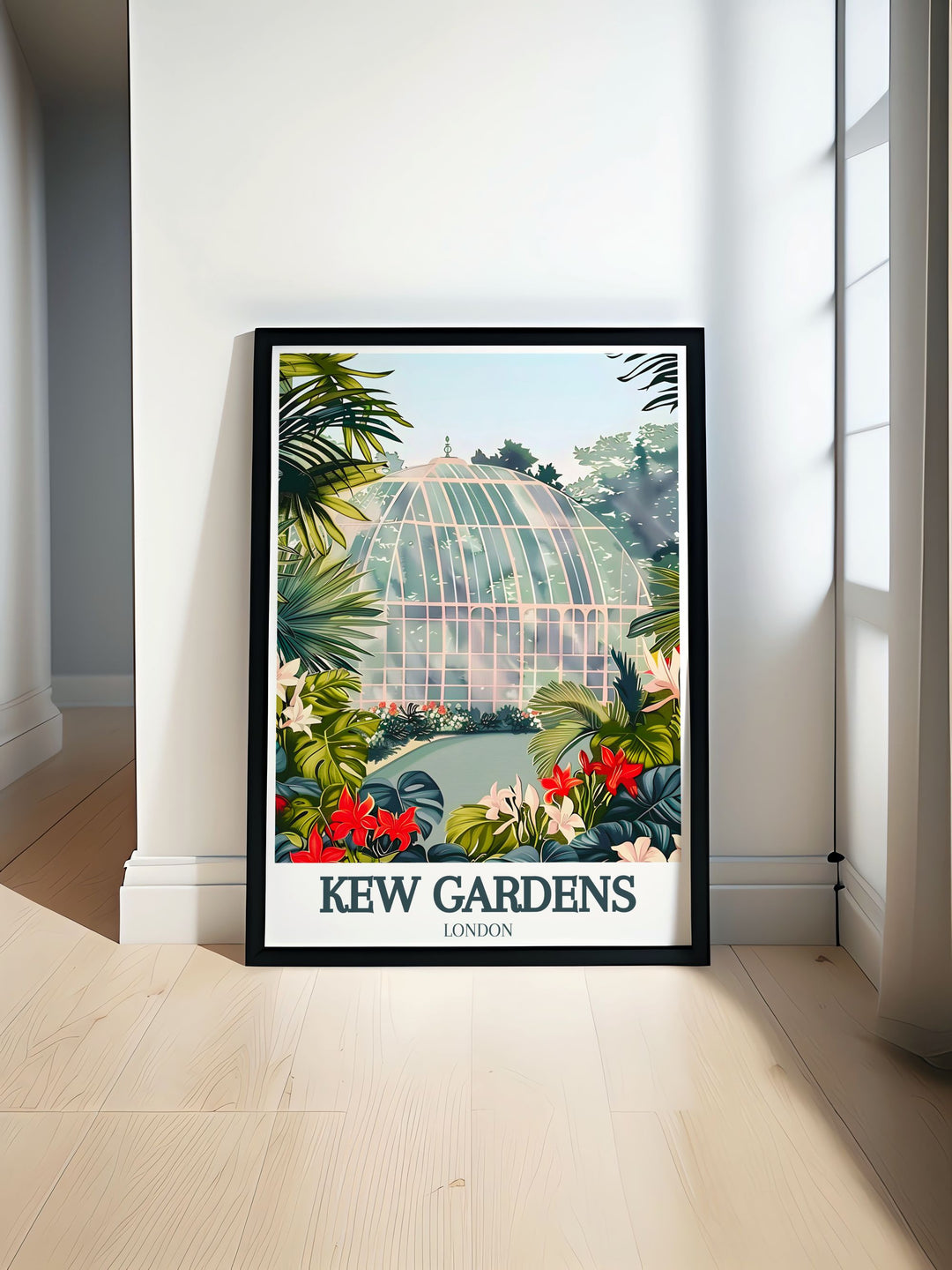 Kew Gardens Wall Art highlights the iconic Waterlily House and the vast Royal Botanic Gardens in a stunning black and white fine line design. This UK Wall Print is an elegant addition to any living space, offering a touch of natures serenity while celebrating the architectural beauty of these landmarks.