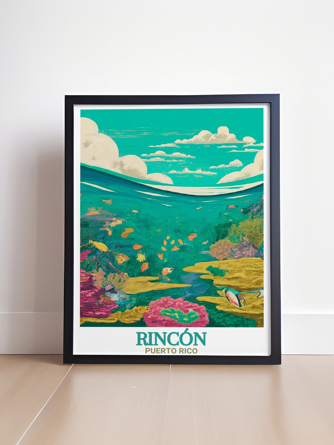 A coastal inspired art print of Rincon Beach and Tres Palmas Marine Reserve, showcasing the beauty and biodiversity of Californias marine habitats. This poster makes an excellent addition to beach themed rooms or as a thoughtful gift for ocean lovers.