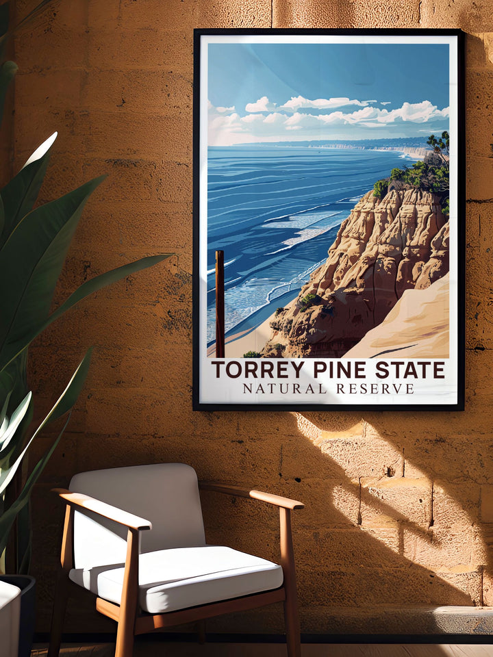 Vibrant Torrey Pines travel poster and Rocky Shores ideal for stunning living room decor and unique gifts for friends and family